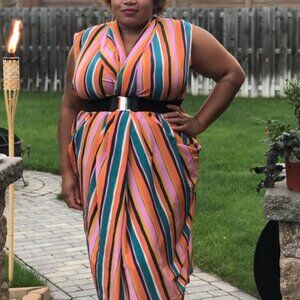 NWT Dubgee Boxy Wrap Front Striped Midi Dress Size S